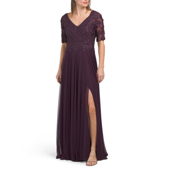 ALEX EVENING Plum V-neck Embroidered Lace Gown - Picture 1 of 2
